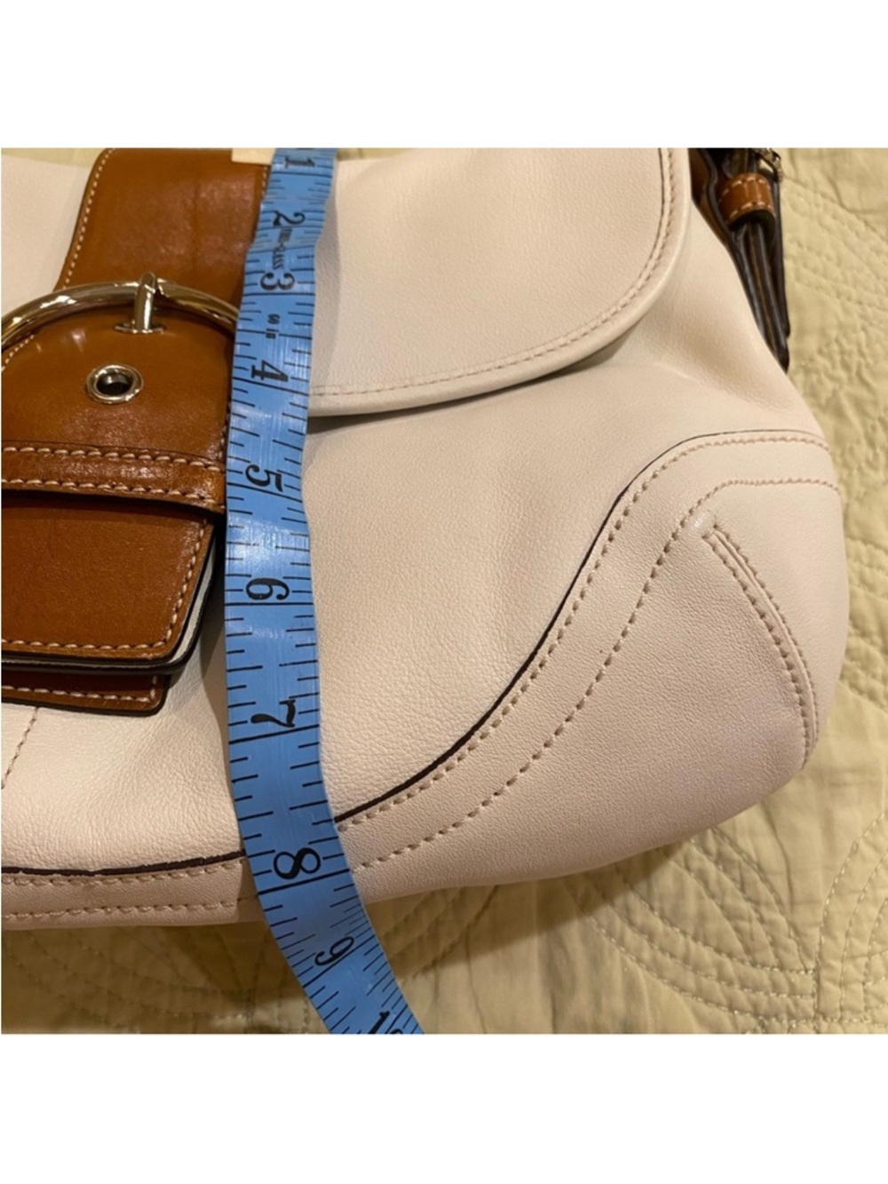 Coach White SoHo Leather Shoulder Bag with Brown Trim and Buckle - Picture 11 of 14